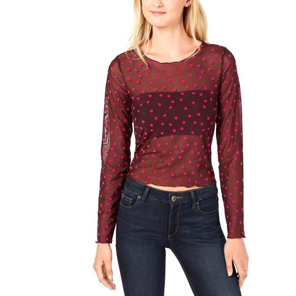 BAR III Women's Polka-Dot Mesh Pullover Blouse in Black Currant. L - Picture 1 of 3
